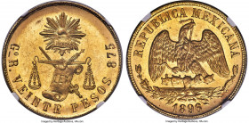 Republic gold 20 Pesos 1896/9 GO-R MS66+ NGC, Guanajuato mint, KM414.4. An absolute gem. Mesmerizing reflective fields, ample die-polish lines, radian...