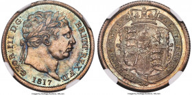 George III Shilling 1817 MS67 NGC, KM666, S-3790. A beautiful offering, with devices rendered by Pistrucci to technical perfection, toned with compell...