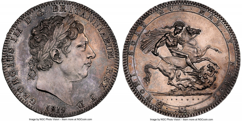 George III Crown 1819 MS62 NGC, KM675, S-3787. LIX edge. Lavender and slate toni...