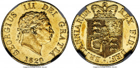 George III gold 1/2 Sovereign 1820 MS62 NGC, KM673, S-3786. A securely Mint State representative of this conditionally scarce issue, exhibiting flashy...