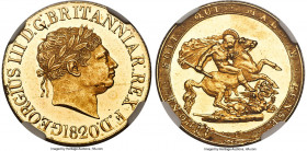 George III gold Sovereign 1820 MS62 Prooflike NGC, KM674, S-3785C. Open 2 variety. A near-choice and Prooflike example with reflective fields that con...