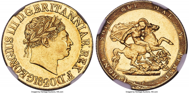 George III gold Sovereign 1820 MS62 NGC, KM674, S-3785C. Large date variety. A s...