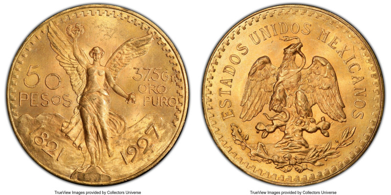 Estados Unidos gold 50 Pesos 1927 MS64 PCGS, Mexico City mint, KM481. An always ...