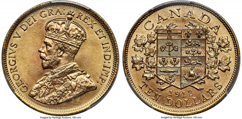 George V gold Specimen 10 Dollars 1912 SP69 PCGS, Ottawa mint, KM27. Ranked at t...