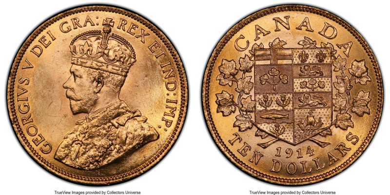 George V gold 10 Dollars 1914 MS64 PCGS, Ottawa mint, KM27. Cartwheeling champag...