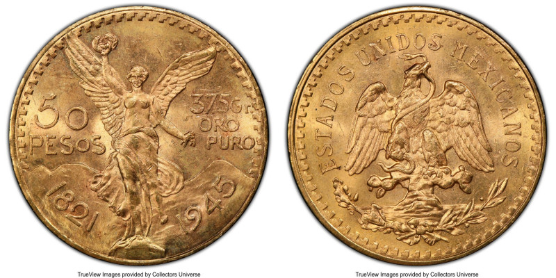 Estados Unidos gold 50 Pesos 1945 MS65 PCGS, Mexico City mint, KM481. Fully gem,...