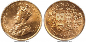 George V gold 10 Dollars 1914 MS63+ NGC, Ottawa mint, KM27. Scattered contact marks preclude the piece from a higher designation, though the cartwheel...