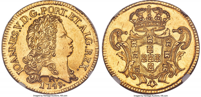 João V gold 6400 Reis (Peça) 1749-R AU Details (Cleaned) NGC, Rio de Janeiro min...