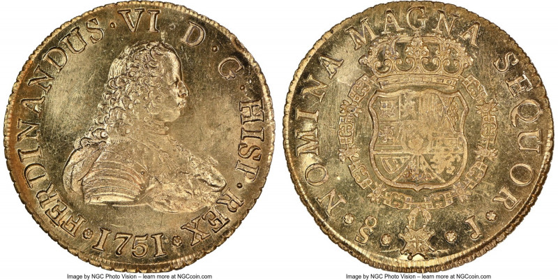 Ferdinand VI gold 8 Escudos 1751 So-J MS62 NGC, Santiago mint, KM3, Cal-824, Onz...