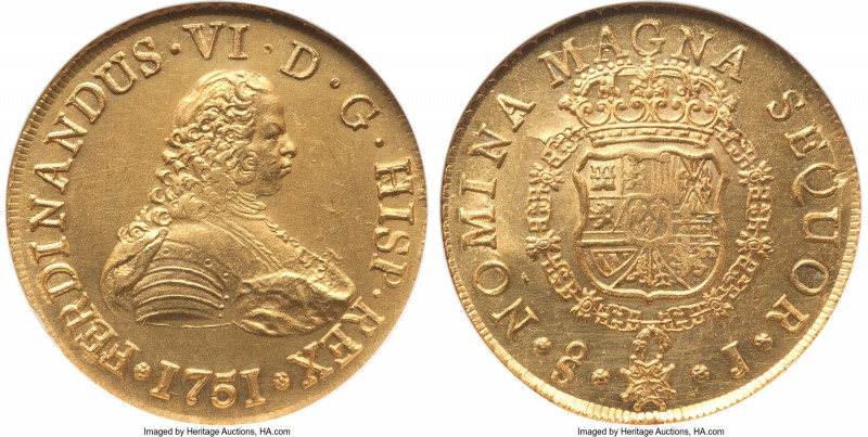 Ferdinand VI gold 8 Escudos 1751 So-J MS61 NGC, Santiago mint, KM3, Cal-824, Onz...