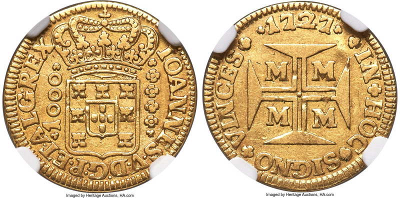 João V gold 1000 Reis 1727-M AU50 NGC, Minas Gerais mint, KM113, LMB-235, Guimar...