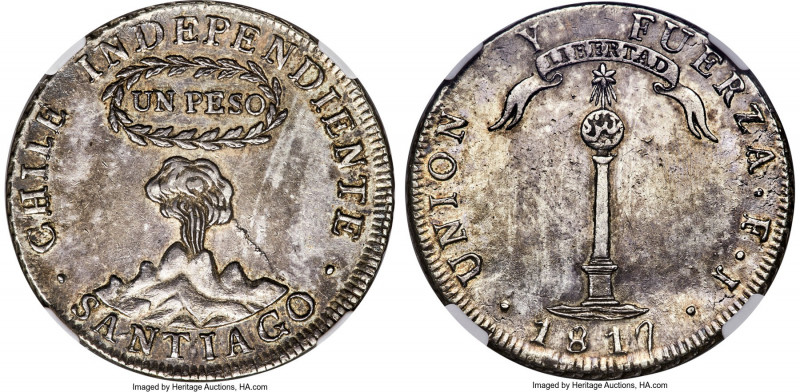 Republic "Volcano" Peso 1817 SANTIAGO-FJ AU Details (Reverse Cleaned) NGC, Santi...