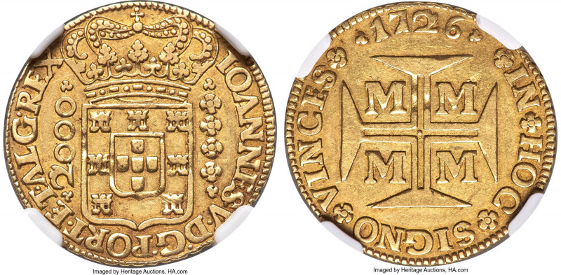 João V gold 2000 Reis 1726-M XF45 NGC, Minas Gerais mint, KM114, LMB-238, Guimar...