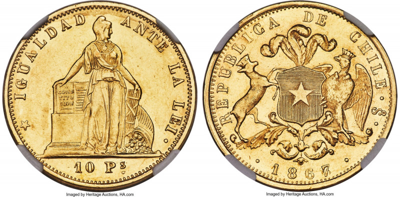 Republic gold 10 Pesos 1867/6-So MS61 NGC, Santiago mint, KM131. Large plume var...