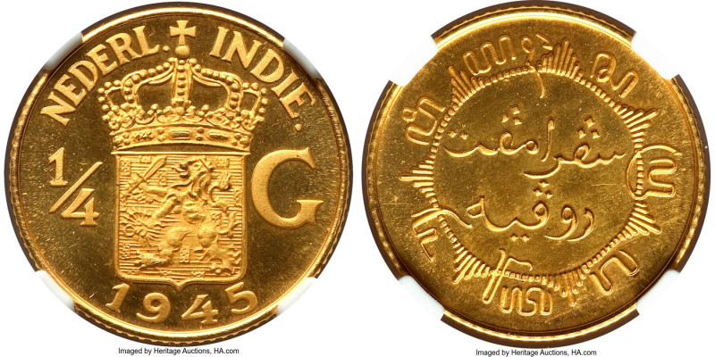 Dutch Colony. Wilhelmina gold Proof Restrike Pattern 1/4 Gulden 1945 PR66+ Cameo...
