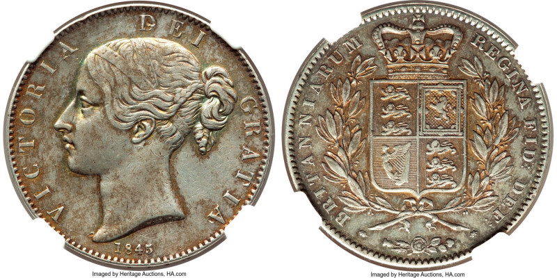 Victoria Crown 1845 AU55 NGC, KM741, S-3882. Cinquefoil edge. A moderately handl...