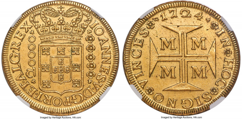 João V gold 20000 Reis (Dobrão) 1724-M AU Details (Cleaned) NGC, Minas Gerais mi...