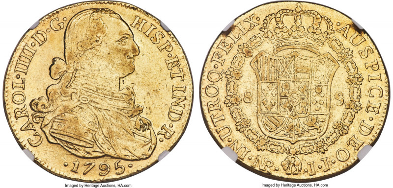 Charles IV gold 8 Escudos 1795 NR-JJ AU53 NGC, Nuevo Reino mint, KM62.1, Cal-172...