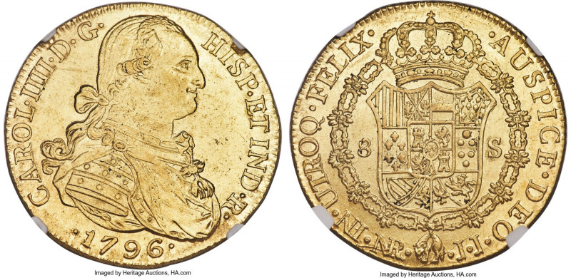 Charles IV gold 8 Escudos 1796 NR-JJ MS62 NGC, Nuevo Reino mint, KM62.1. A summe...