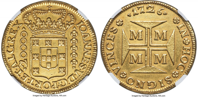 João V gold 20000 Reis (Dobrão) 1726-M AU Details (Cleaned) NGC, Minas Gerais mi...