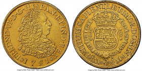 Ferdinand VI gold 8 Escudos 1751 LM-J AU Details (Cleaned) NGC, Lima mint, KM50, Cal-764. An issue from the first year of milled coinage at the Lima m...