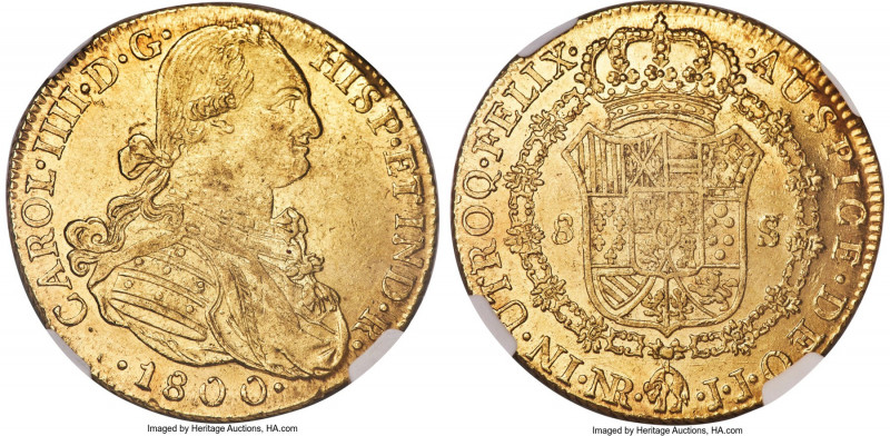 Charles IV gold 8 Escudos 1800 NR-JJ MS62 NGC, Nuevo Reino mint, KM62.1. A sunny...