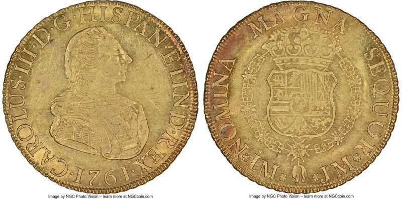 Charles III gold 8 Escudos 1761 LM-JM AU58 NGC, Lima mint, KM68, Fr-24, Onza-673...