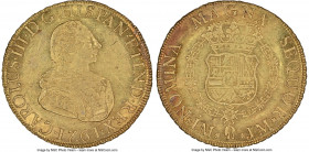 Charles III gold 8 Escudos 1761 LM-JM AU58 NGC, Lima mint, KM68, Fr-24, Onza-673 (Very Rare). Even with light circulation and adjustment marks across ...