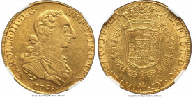 Charles III gold 8 Escudos 1768 LM-JM AU53 NGC, Lima mint, KM70, Cal-1921. The challenging final year of this bust type, struck a little off center bu...