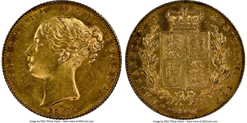 Victoria gold Sovereign 1843/2 MS63 NGC, KM736.1, S-3852, Marsh-26B. A scarcer o...