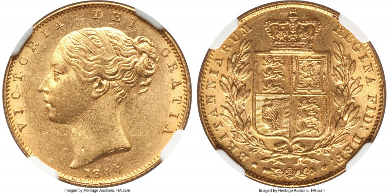 Victoria gold Sovereign 1844 MS62 NGC, KM736.1, S-3852. A near-choice offering o...