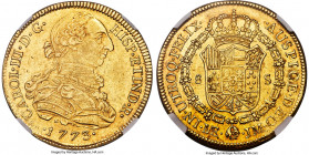 Charles III gold 8 Escudos 1773 LM-JM AU55 NGC, Lima mint, KM82.1, Cal-1932. An early year of the last Charles III Lima bust type. Boasting a confiden...