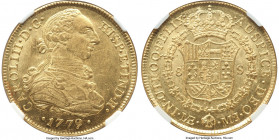 Charles III gold 8 Escudos 1779 LM-MJ MS62 NGC, Lima mint, KM82.1, Fr-32. A beautiful example that impresses with abundant cartwheel luster and a stro...