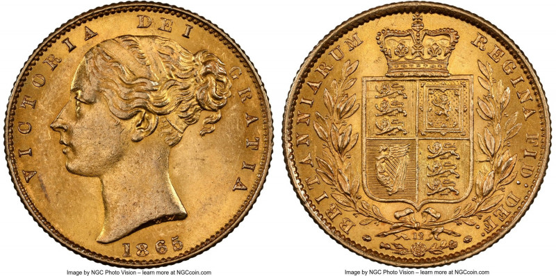 Victoria gold Sovereign 1865 MS63 NGC, KM736.2, S-3853. A conditionally sensitiv...