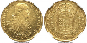 Charles IV gold 8 Escudos 1794 LM-IJ MS61 NGC, Lima mint, KM101, Cal-1593. A very respectable survivor of this type rarely encountered in Mint State. ...