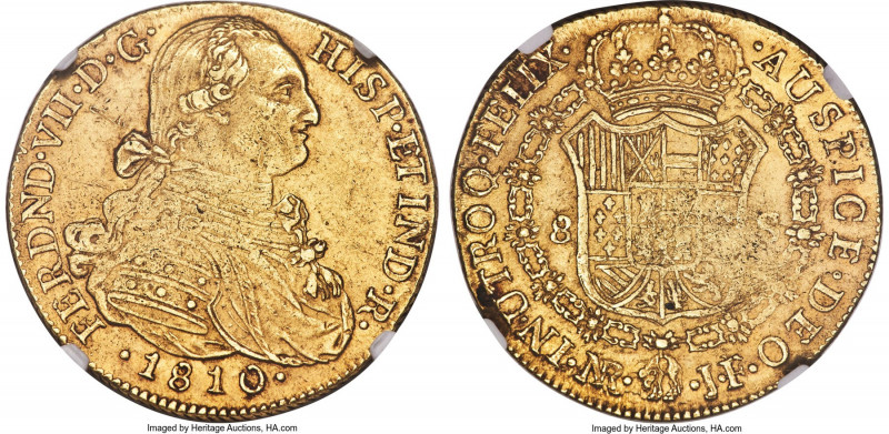 Ferdinand VII gold 8 Escudos 1810 NR-JF MS61 NGC, Nuevo Reino mint, KM66.1, Onza...