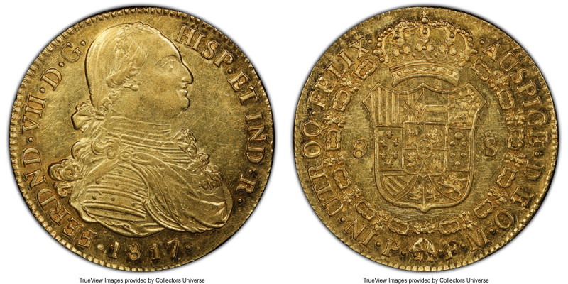 Ferdinand VII gold 8 Escudos 1817 P-FM MS61 PCGS, Popayan mint, KM66.2. A crispl...