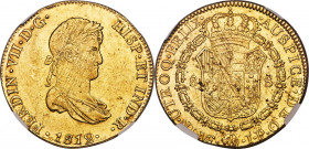 Ferdinand VII gold 8 Escudos 1812 LM-JP AU58 NGC, Lima mint, KM124. Short lived two-year variety with a small draped bust, presented here with a confi...