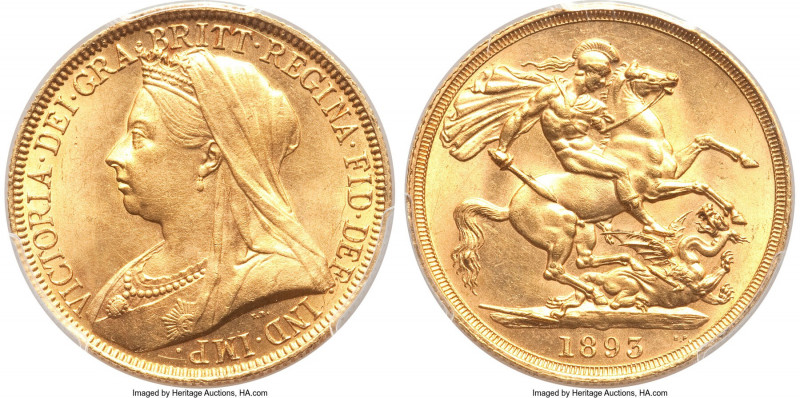 Victoria gold 2 Pounds 1893 MS63 PCGS, KM786, S-3873. By all indications, a gent...