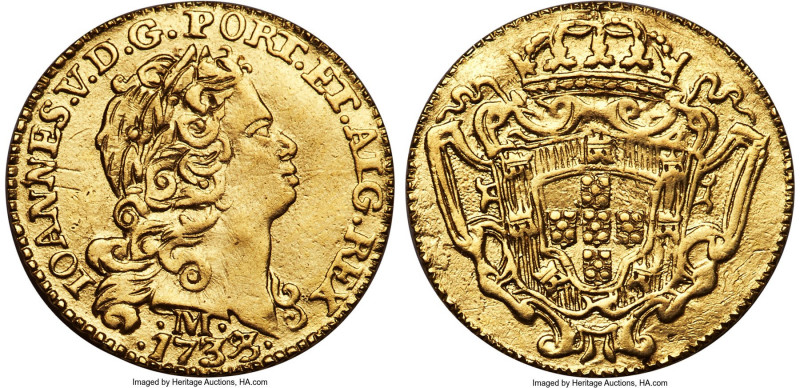 João V gold 800 Reis 1733/29-M XF (Clipped, Engraved Devices, Altered Surfaces),...