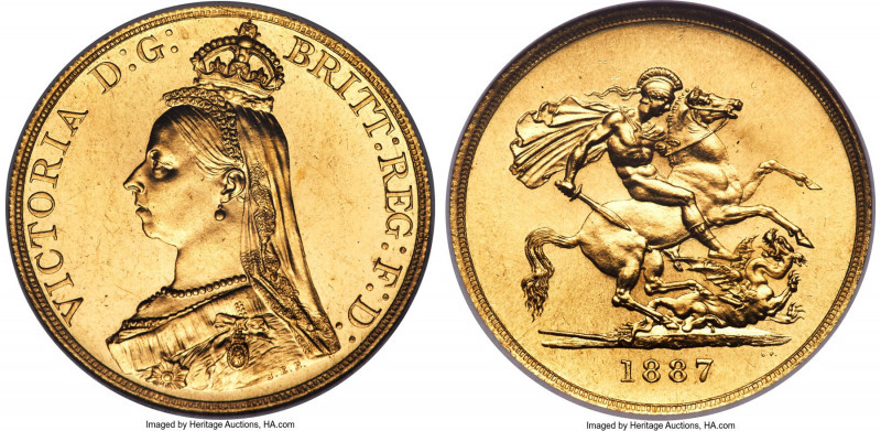 Victoria gold 5 Pounds 1887 MS63 NGC, KM769, S-3864. Well struck from fresh dies...