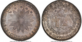South Peru. Republic 8 Reales 1838 CUZCO-BA AU58 NGC, Cuzco mint, KM170.4. A handsome representative of this iconic Peruvian Crown draped in mauve and...