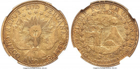 South Peru. Republic gold 8 Escudos 1838 CUZCO-MS XF Details (Cleaned) NGC, Cuzco mint, KM171. Along with silhouette toning around the peripheral dot ...