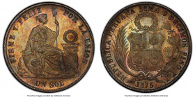 Republic Sol 1875-YJ MS66 PCGS, Lima mint, KM196.3. Bearing the finest graded awarded by either NGC or PCGS, this premium gem boasts crackling surface...