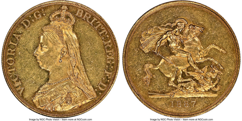 Victoria gold 5 Pounds 1887 AU58 NGC, KM769, S-3864. A sympathetically handled s...