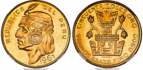Republic gold "Inca" 50 Soles 1967 MS66+ NGC, Lima mint, KM219, Fr-77. Mintage: 10,000. Minor contact marks do not diminish from this tempting specime...