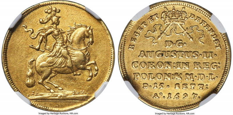 Saxony. Friedrich August I gold 2 Ducat 1697 AU53 NGC, Dresden mint, KM699, Fr-2...