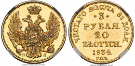 Nicholas I of Russia gold 20 Zlotych (3 Roubles) 1834 CЛБ-ПE MS62 Prooflike NGC, St. Petersburg mint, KM-C136.2, Bit-1075 (R). A challenging first yea...