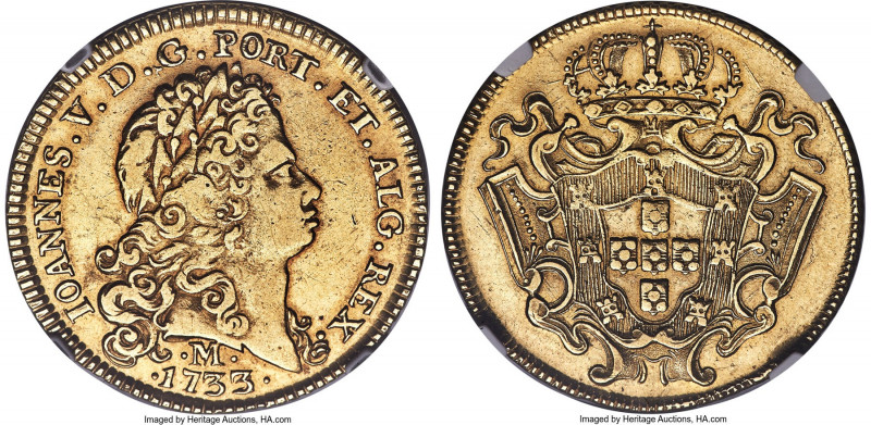 João V gold 6400 Reis (Peça) 1733/2-M XF Details (Tooled) NGC, Minas Gerais mint...