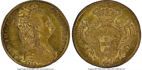 Maria I gold 6400 Reis (Peça) 1789 MS62 NGC, Lisbon mint, KM299, Gomes-30.01. The first year of such bust type, bearing needle-point devices and radia...